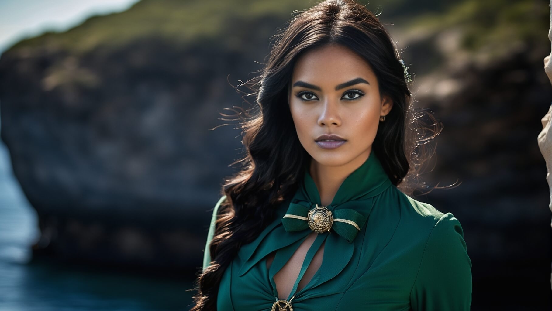 Model in deep emerald green jumpsuit embodying modern-day mythical huntress theme