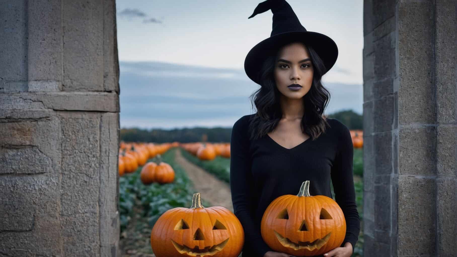 Model in Pumpkin Patch Casual collection featuring Halloween-inspired black sweater