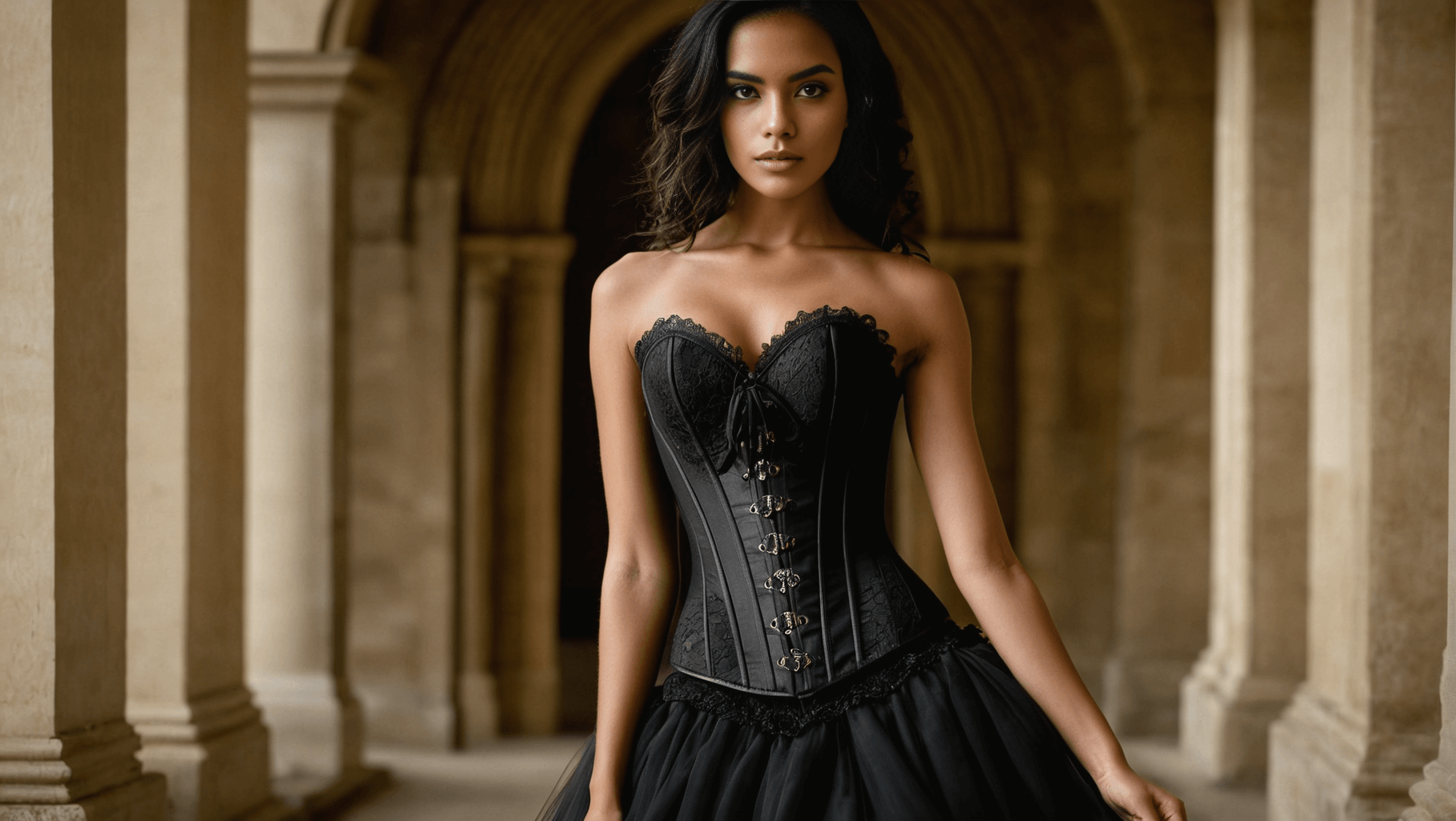 Black and gold embroidered Spellbound corset cinching at the waist