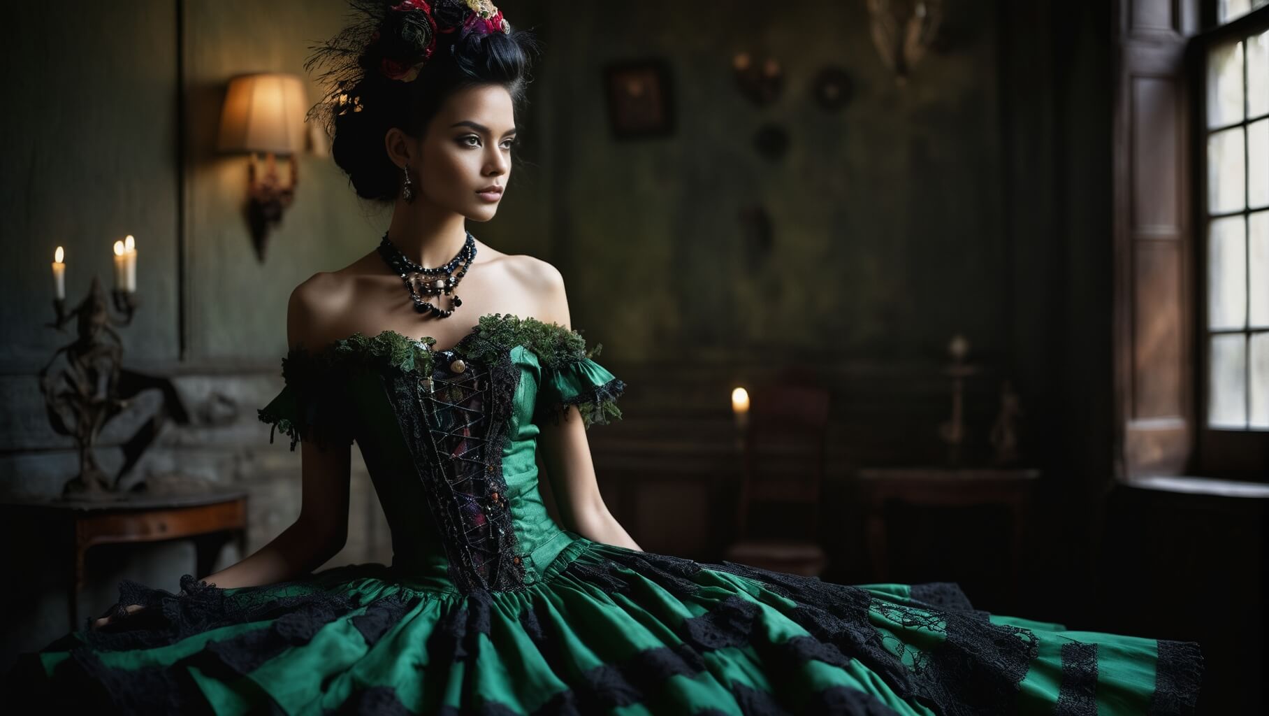 Emerald green bodice with black lace accents