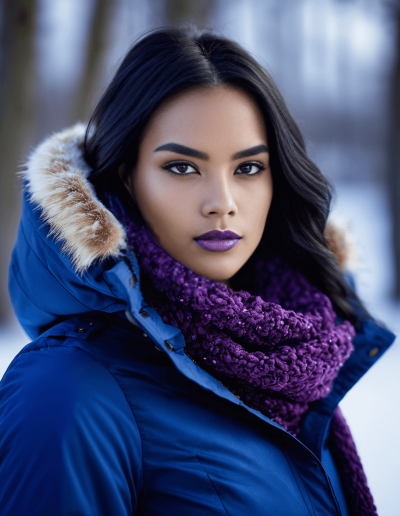 Stylish woman in a blue winter coat with a chunky purple knit scarf.