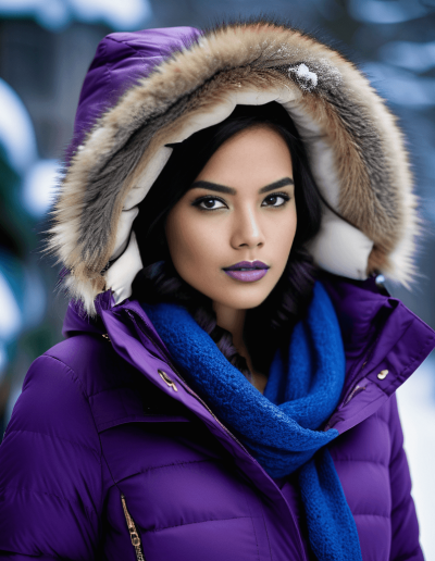 Woman in a purple winter jacket with fur-lined hood and blue scarf in snowy setting.