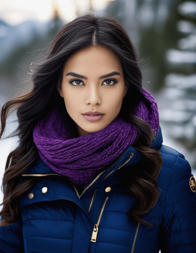 Woman in a blue winter coat with a purple scarf, amidst a snowy landscape.