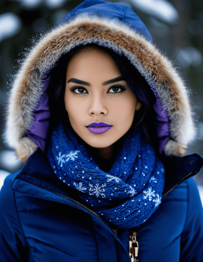 Chic woman in a blue winter jacket with a fur hood and a sparkling blue scarf.