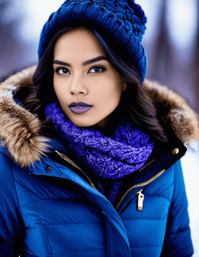 Woman in blue winter attire with knitted cap and purple scarf, snow-dusted trees in the background.