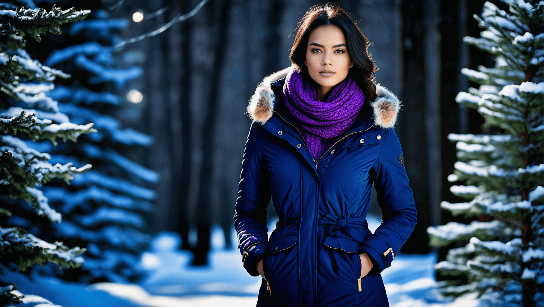 Pewna siebie kobieta w stylowym zimowym płaszczu i fioletowym szaliku stojąca w śnieżnym lesie