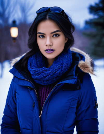 Fashion-forward woman in blue winter apparel with sunglasses and a textured purple scarf.