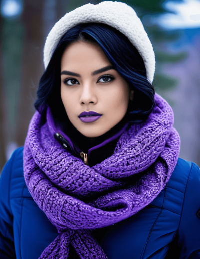Woman in a blue jacket with white knitted hat and purple scarf in a wintry forest.