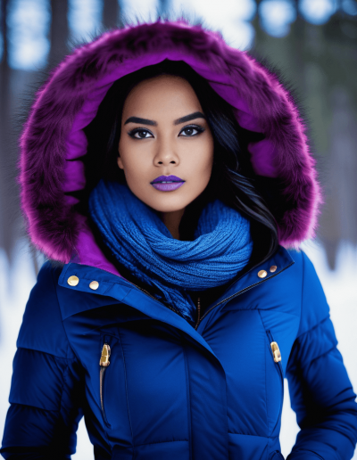 Woman with fur-lined purple hood and blue scarf in a snowy woodland.