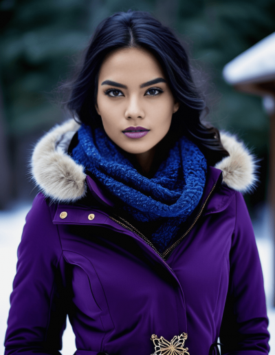Woman in elegant purple winter coat with intricate brooch and blue scarf.