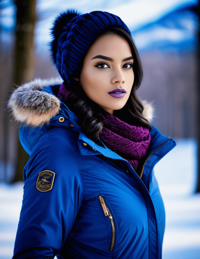 Woman in a striking blue winter jacket with a knitted blue hat and purple scarf.