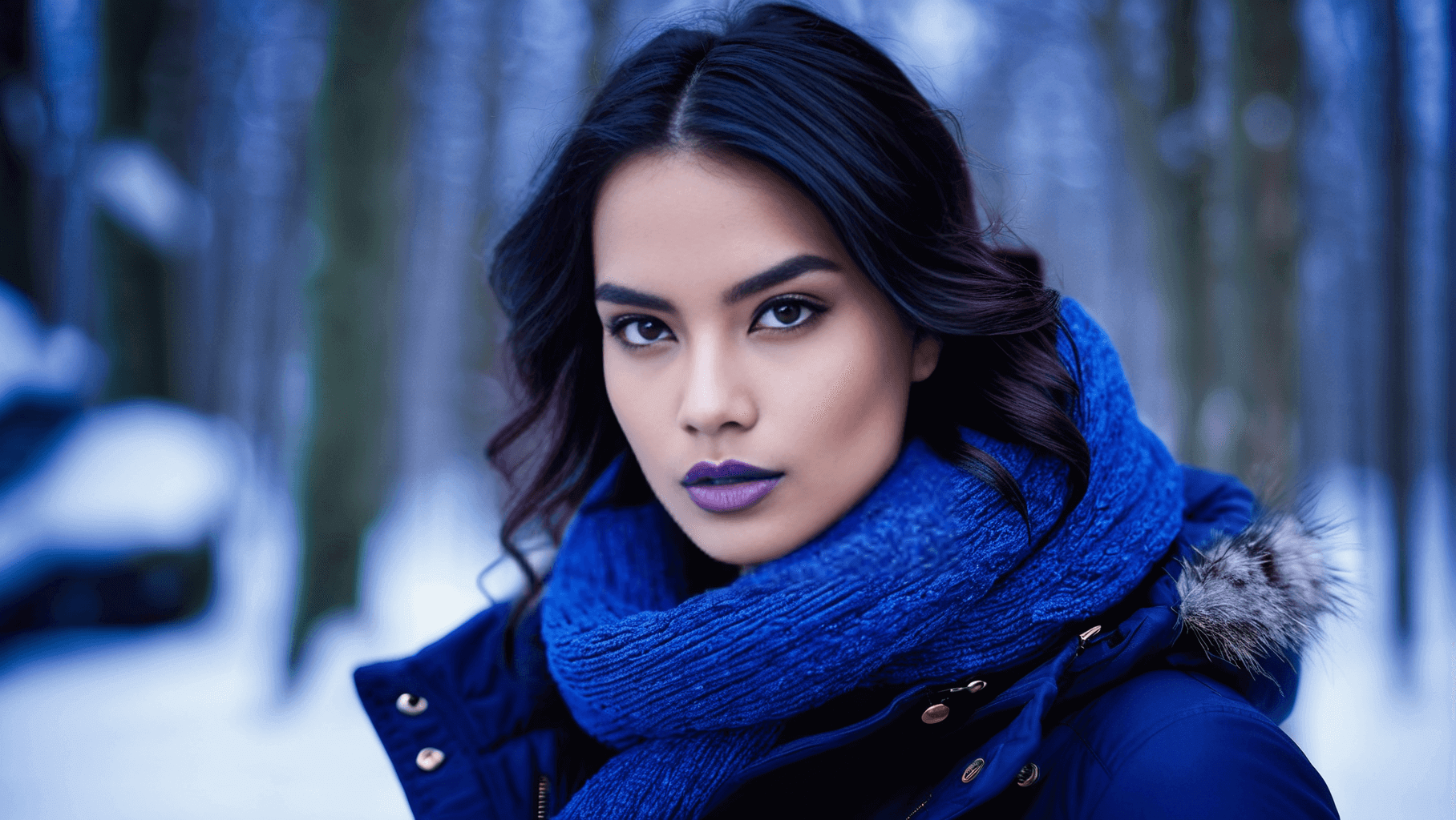 Woman in a navy blue winter coat and textured blue scarf with a snowy forest in the background.
