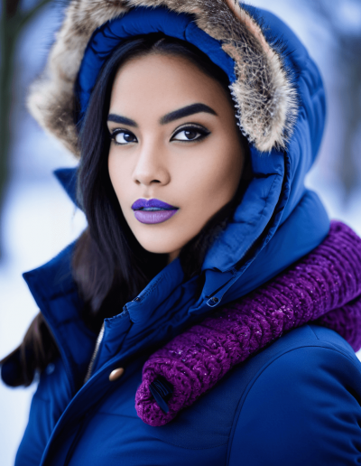 Woman in a blue winter coat with a fur-lined hood and a chunky purple scarf.