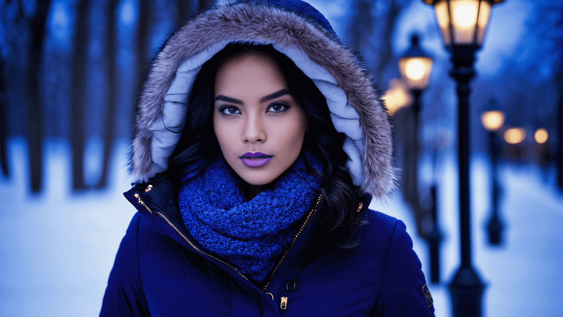 Woman in blue winter jacket and fur-lined hood under evening streetlights.