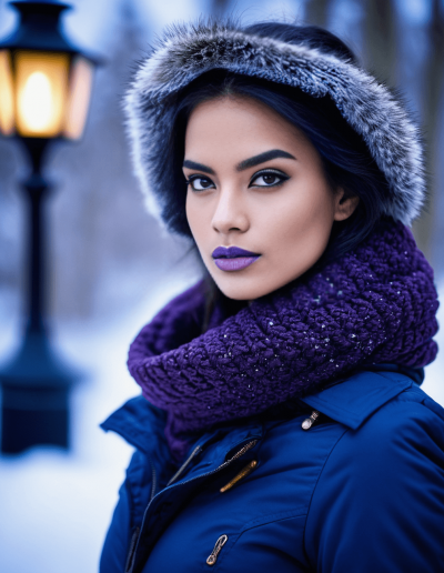 Woman in blue jacket and purple scarf with a furry hood, standing near a lamppost in the snow.