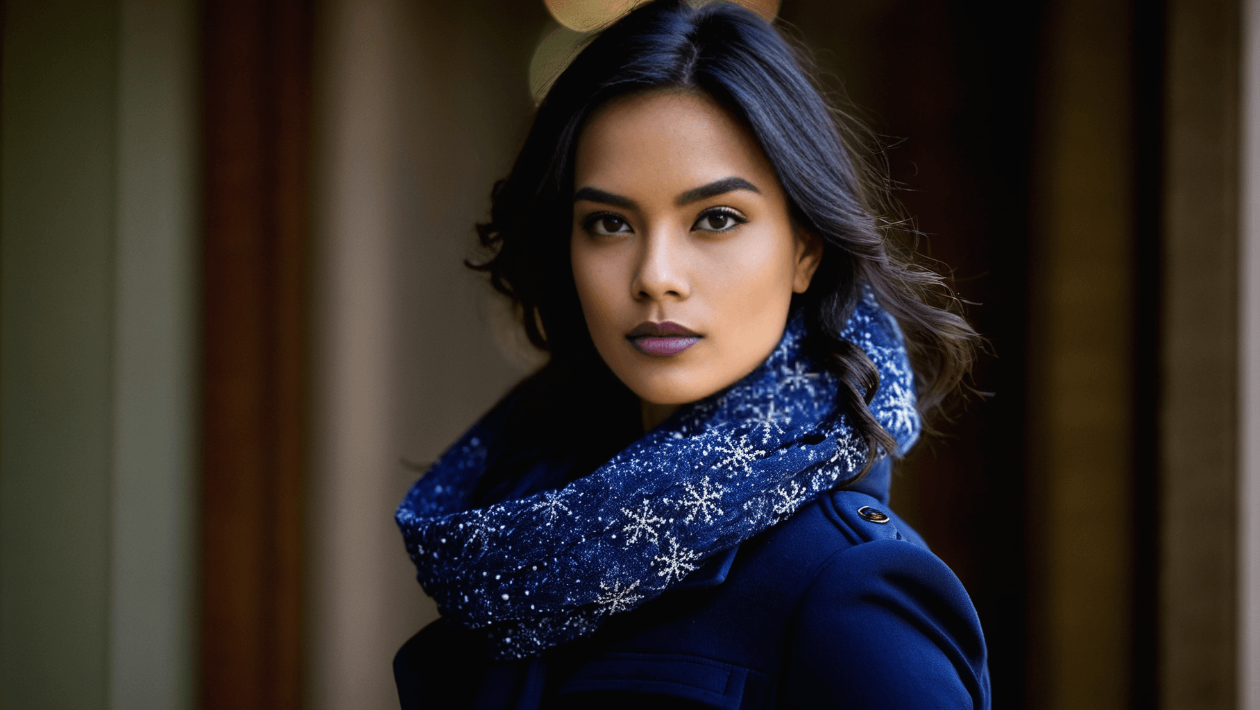 Elegancka kobieta w granatowym płaszczu z szalikiem w zimowy dzień