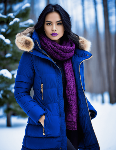 Woman in a blue winter jacket with a purple scarf against a snowy forest backdrop.