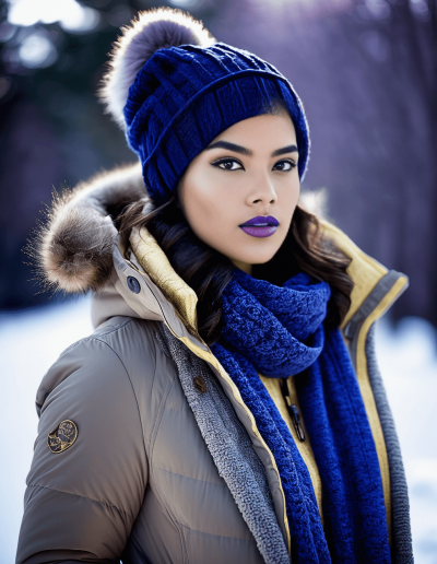Fashionable woman in a taupe winter coat with blue knit hat and scarf.