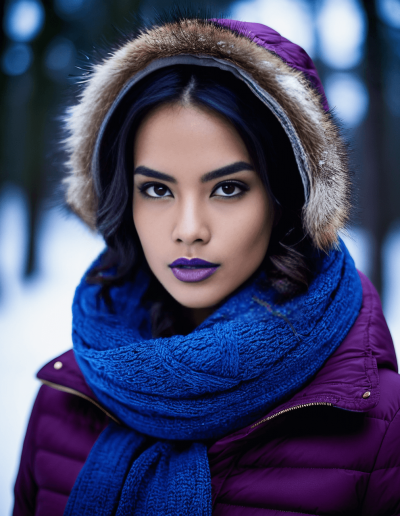 Woman in a purple winter coat with a hood and blue scarf in a snowy setting.