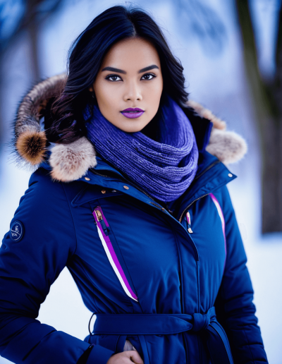 Woman in navy blue winter coat with textured blue scarf and fur trim.