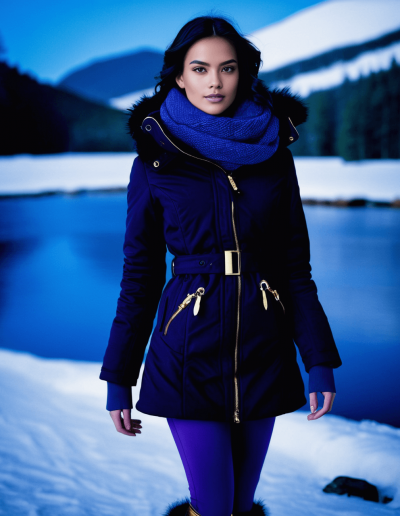Woman in elegant winter attire against a mountain backdrop.