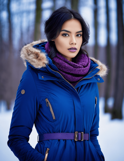 Woman in a blue winter jacket with purple accents in a snowy forest.