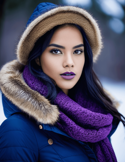 Woman in blue winter gear with a fur-lined hood and purple scarf.