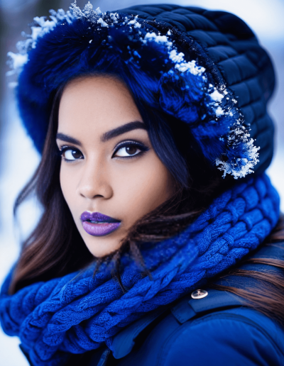 Woman in winter attire with snowflakes on her hat and scarf.