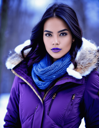 Woman in purple winter coat with blue scarf, amidst a snowy landscape.