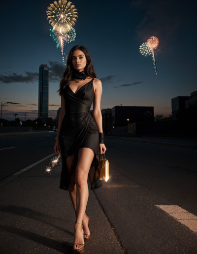 Emily Rodriguez strolls with sparkler in hand, celebrating New Year's Eve with fireworks in the sky.