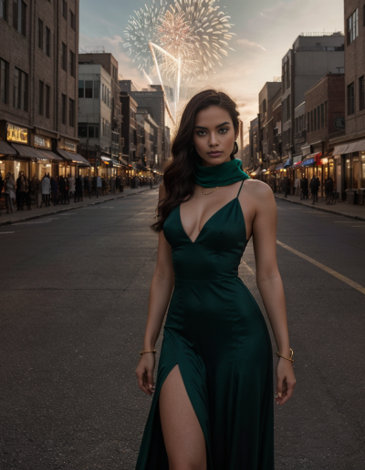 Emily Rodriguez in a sleek green dress celebrates New Year's Eve, fireworks adorning the sky.