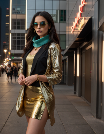 Emily Rodriguez in golden attire on a bustling city street during the golden hour.