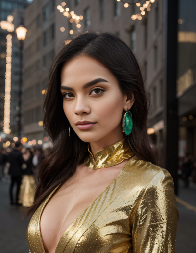 Emily Rodriguez in a gold dress with city lights and New Year's Eve fireworks.