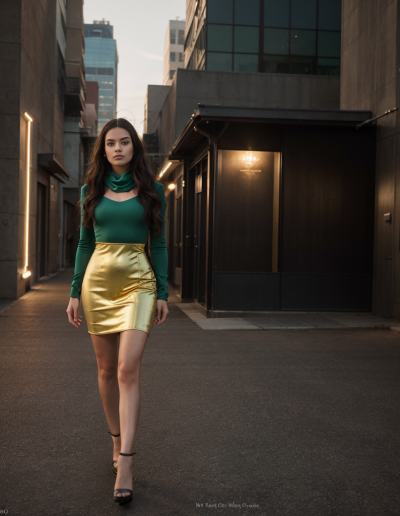 Emily Rodriguez channels urban chic with a green top and gold skirt in a city alley.