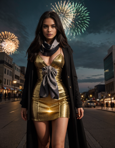 Emily Rodriguez in a golden dress with a chic scarf, celebrating New Year's Eve on an urban street with fireworks overhead.