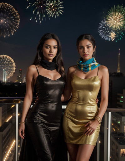 Emily Rodriguez and a friend in gold and black dresses celebrating New Year's Eve on a rooftop.