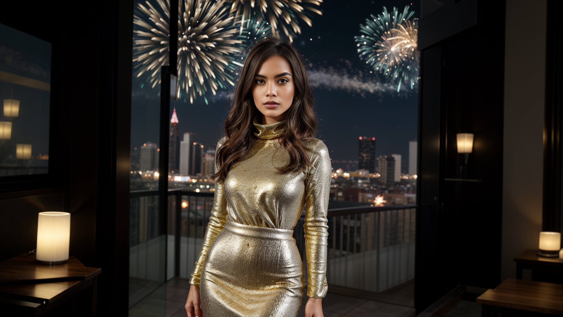 Emily Rodriguez in a shimmering gold dress indoors with a backdrop of cityscape and New Year's fireworks through the window.