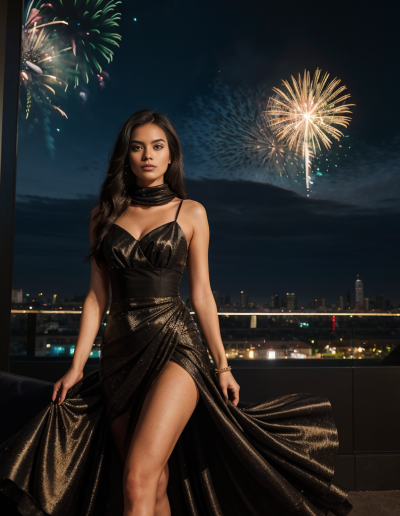 Emily Rodriguez in a glamorous black gown, with an urban backdrop and fireworks.