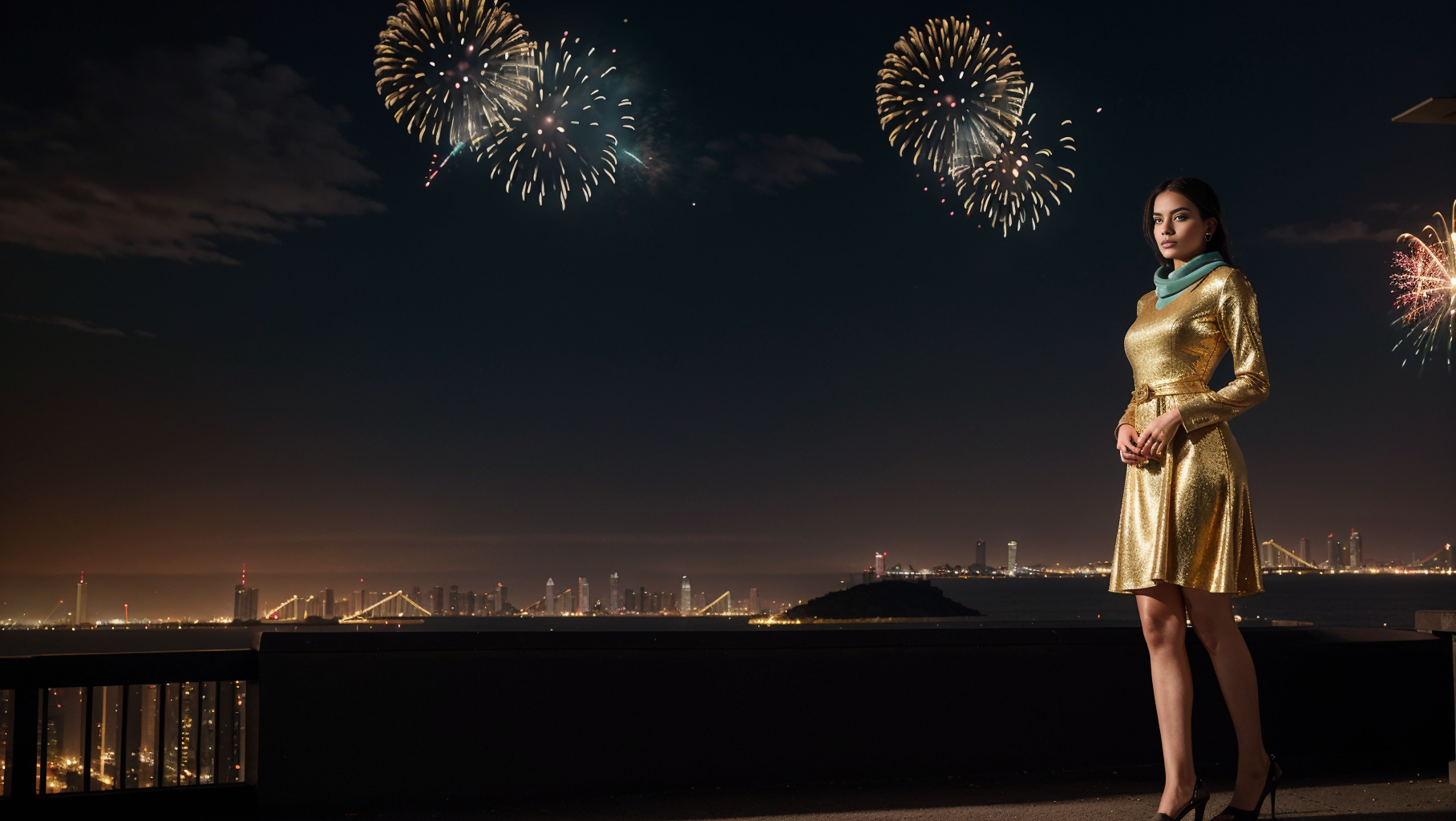 Woman in a glittering gold dress overlooking a city skyline with New Year's fireworks.